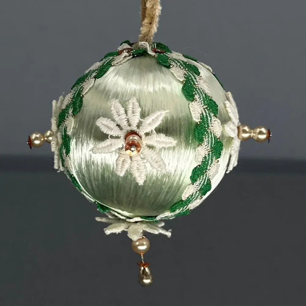 4 VTG Handmade Push Pin Satin Ball Ornament Bead Sequin Christmas ribbon Kitschy